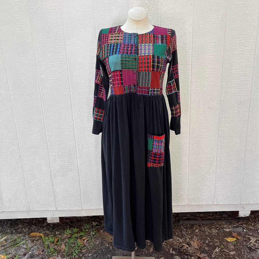 Vintage 90s Black Maxi Dress Colorful Embroidery Long Sleeves Michael Simon Sz M